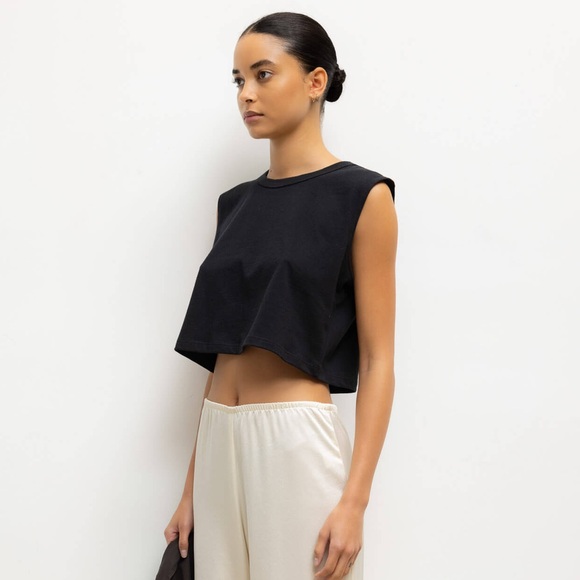 Leset Margo Black Sleeveless Cotton Cropped Crew Neck Tank Top EUC Size M - Picture 2 of 11